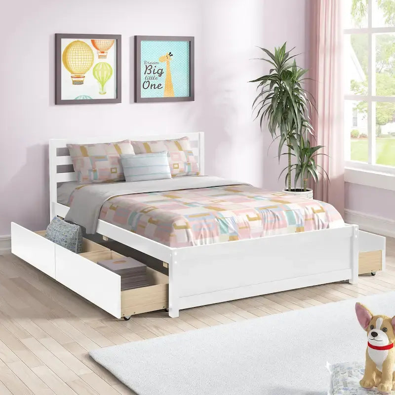 Full Size Wood Platform Bed Frame with 4 Storage Drawers and Wood Slats, White