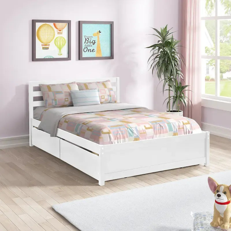 Full Size Wood Platform Bed Frame with 4 Storage Drawers and Wood Slats, White