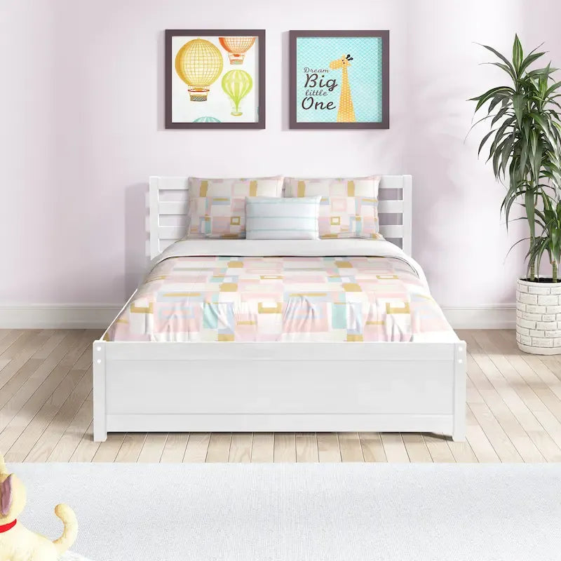Full Size Wood Platform Bed Frame with 4 Storage Drawers and Wood Slats, White