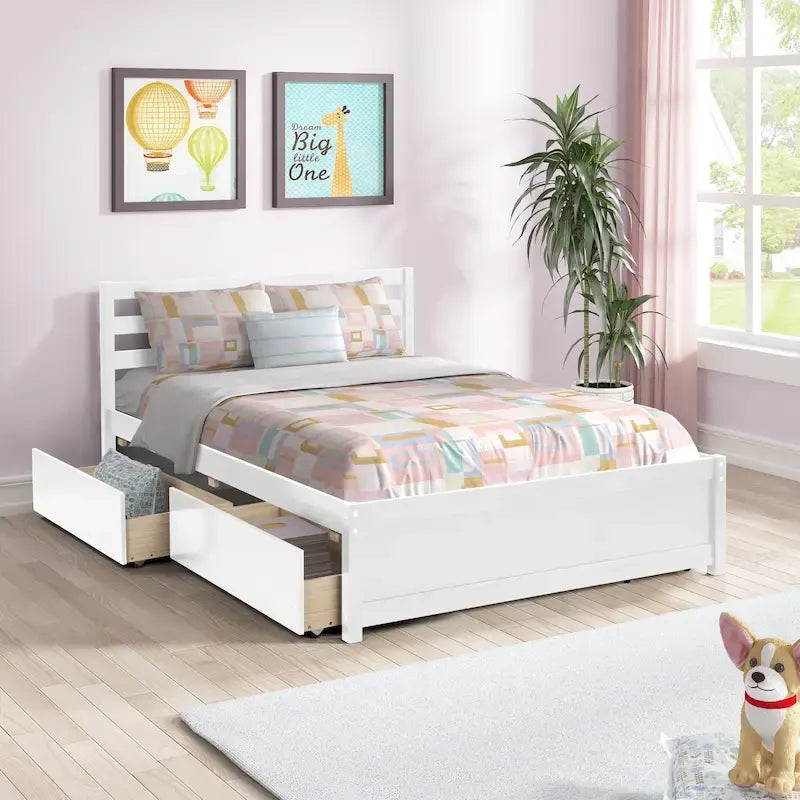 Full Size Wood Platform Bed Frame with 4 Storage Drawers and Wood Slats, White