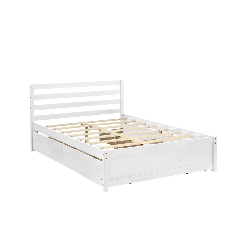 Full Size Wood Platform Bed Frame with 4 Storage Drawers and Wood Slats, White