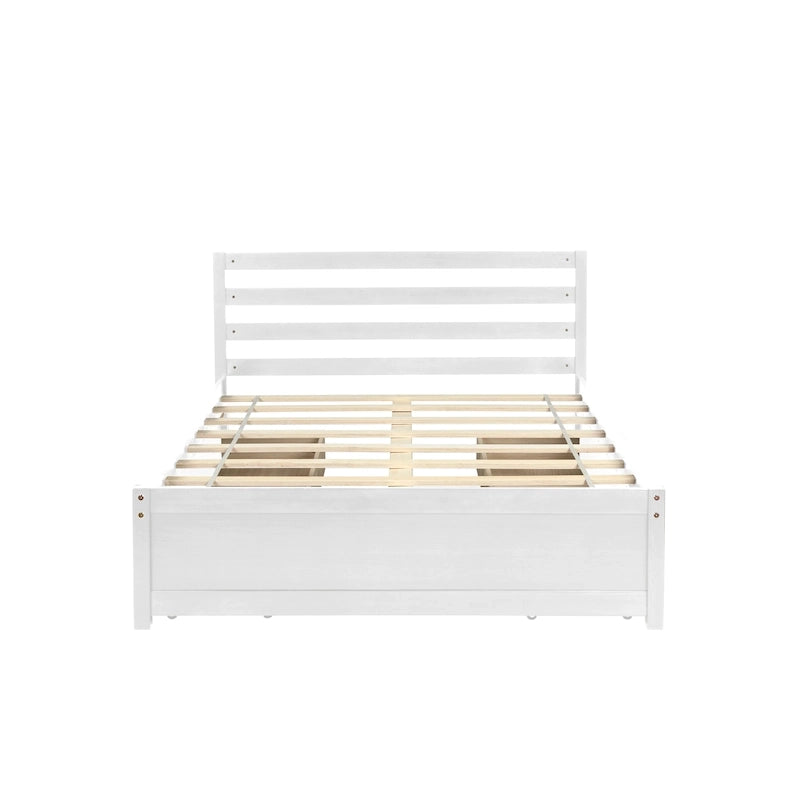 Full Size Wood Platform Bed Frame with 4 Storage Drawers and Wood Slats, White