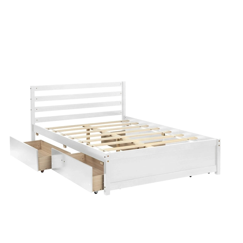 Full Size Wood Platform Bed Frame with 4 Storage Drawers and Wood Slats, White