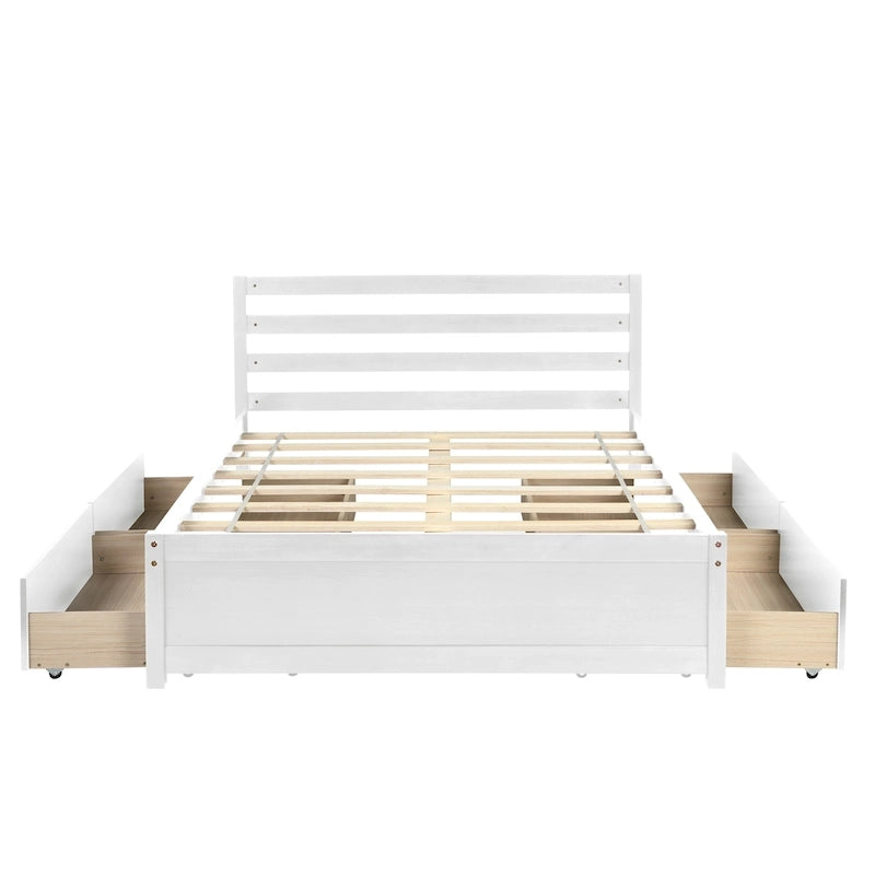 Full Size Wood Platform Bed Frame with 4 Storage Drawers and Wood Slats, White