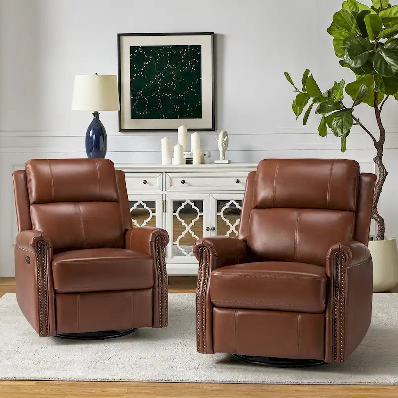 Traditional Genuine Leather Power Swivel Recliner with Nailhead Trim and USB, Set of 2, Multi-Color