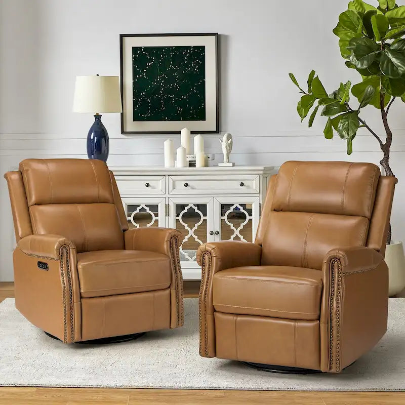 Traditional Genuine Leather Power Swivel Recliner with Nailhead Trim and USB, Set of 2, Multi-Color