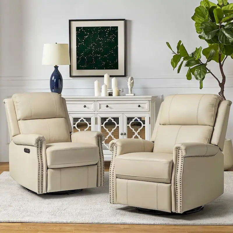 Traditional Genuine Leather Power Swivel Recliner with Nailhead Trim and USB, Set of 2, Multi-Color