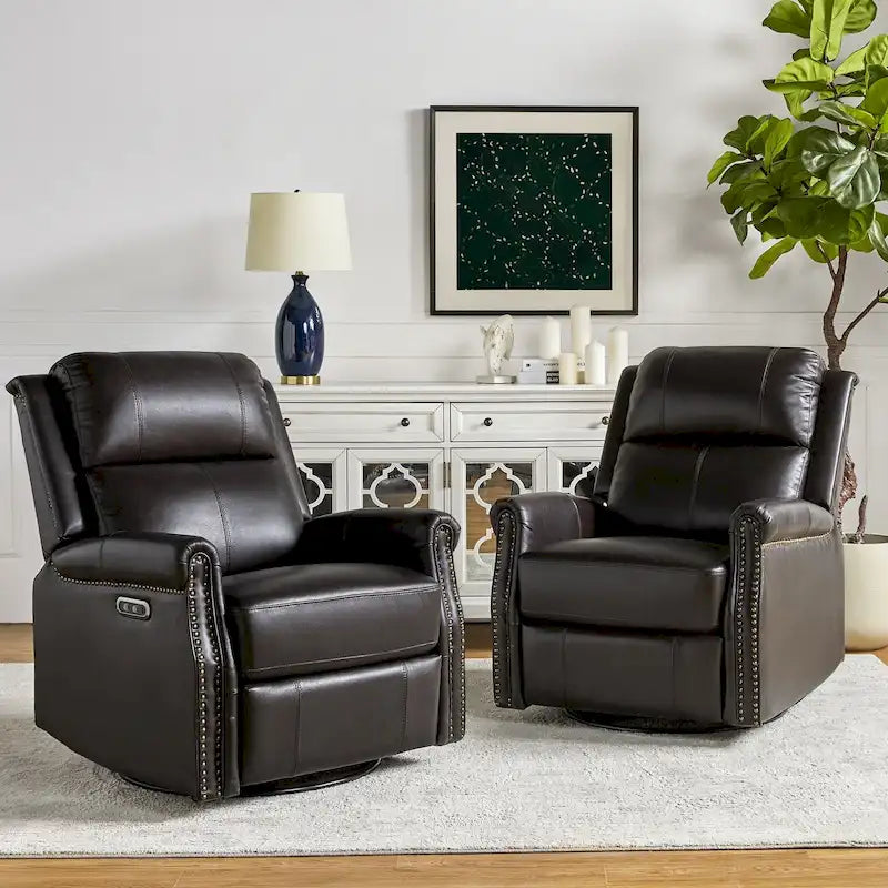 Traditional Genuine Leather Power Swivel Recliner with Nailhead Trim and USB, Set of 2, Multi-Color