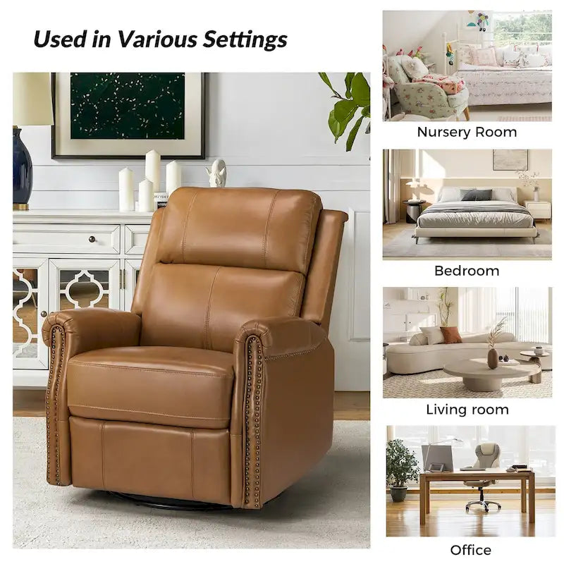 Traditional Genuine Leather Power Swivel Recliner with Nailhead Trim and USB, Set of 2, Multi-Color