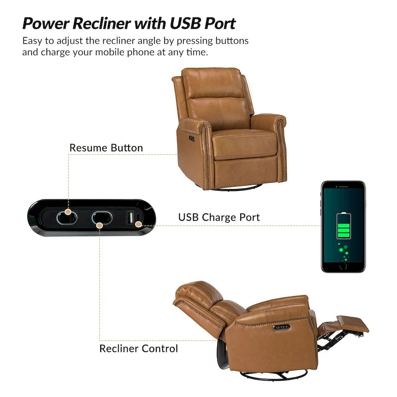 Traditional Genuine Leather Power Swivel Recliner with Nailhead Trim and USB, Set of 2, Multi-Color