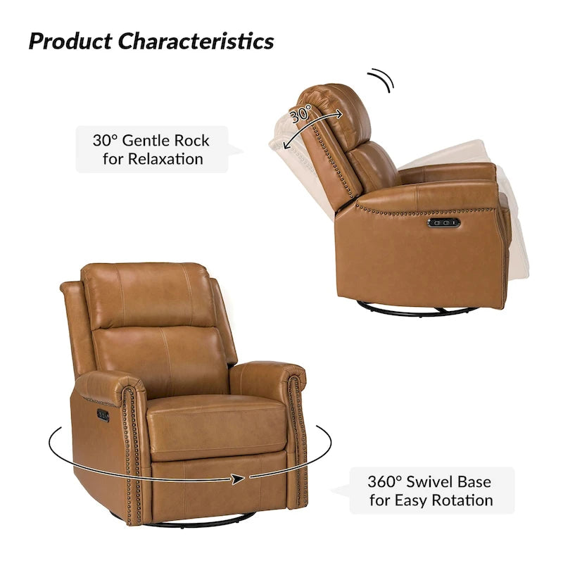 Traditional Genuine Leather Power Swivel Recliner with Nailhead Trim and USB, Set of 2, Multi-Color