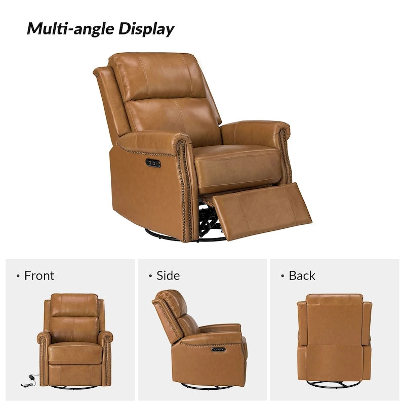 Traditional Genuine Leather Power Swivel Recliner with Nailhead Trim and USB, Set of 2, Multi-Color
