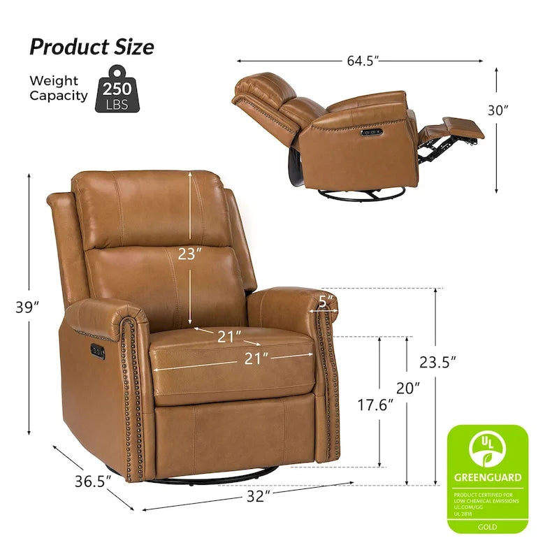 Traditional Genuine Leather Power Swivel Recliner with Nailhead Trim and USB, Set of 2, Multi-Color