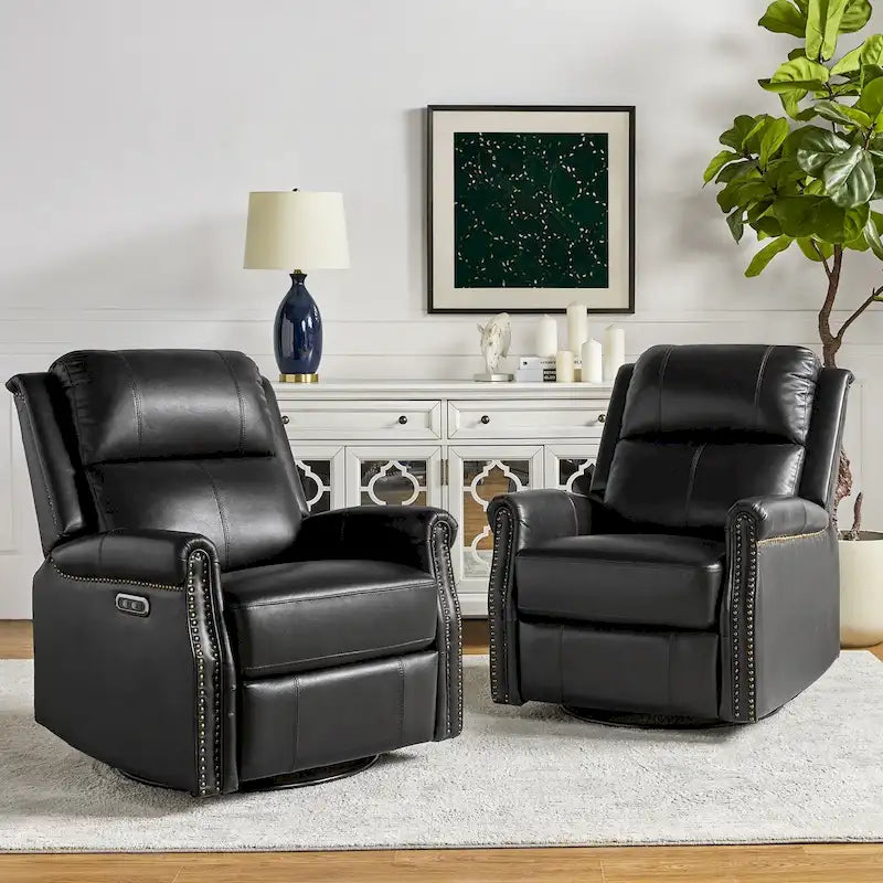 Traditional Genuine Leather Power Swivel Recliner with Nailhead Trim and USB, Set of 2, Multi-Color