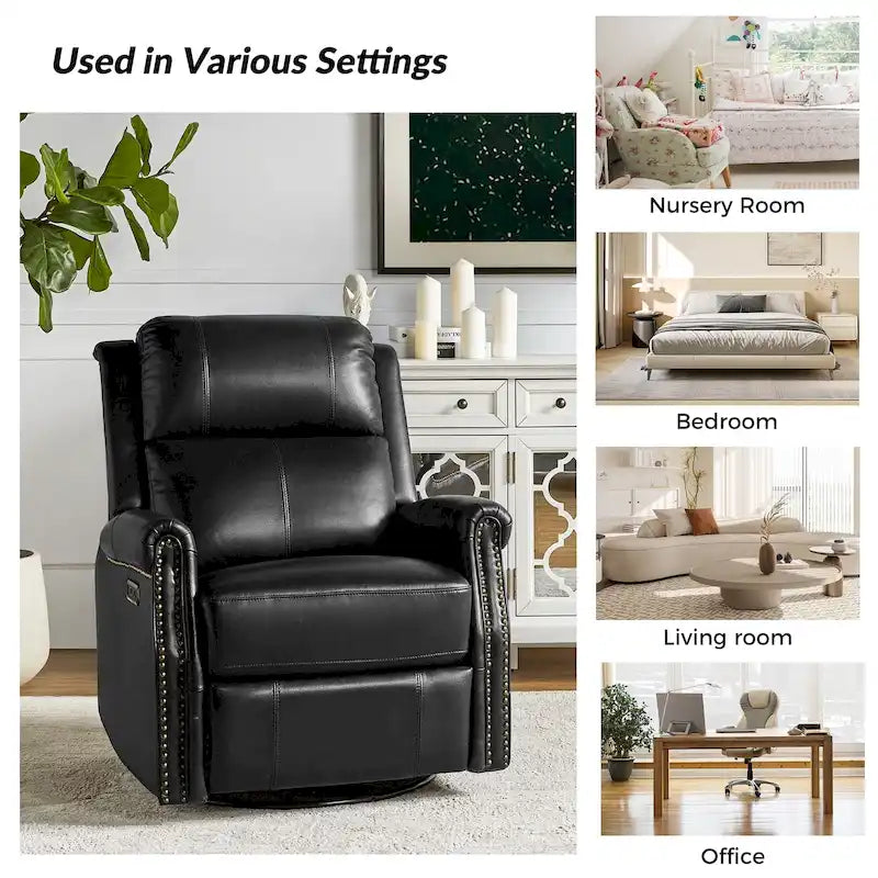 Traditional Genuine Leather Power Swivel Recliner with Nailhead Trim and USB, Set of 2, Multi-Color