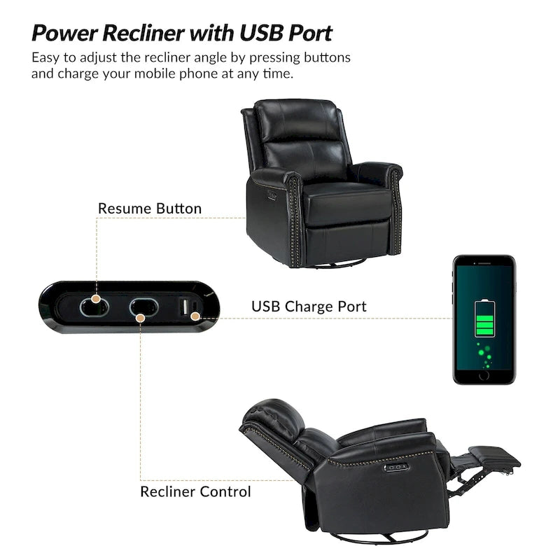 Traditional Genuine Leather Power Swivel Recliner with Nailhead Trim and USB, Set of 2, Multi-Color