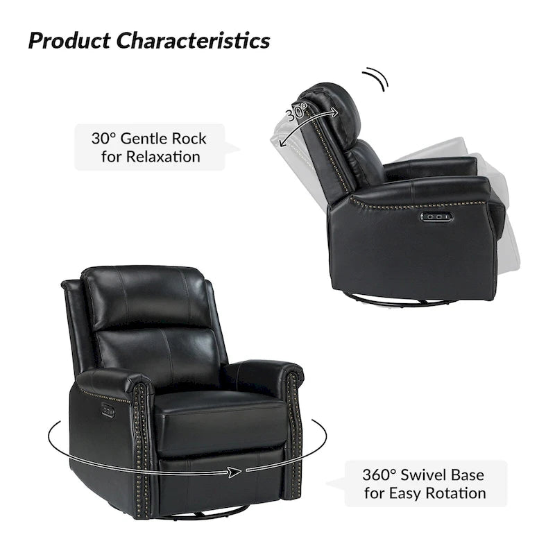 Traditional Genuine Leather Power Swivel Recliner with Nailhead Trim and USB, Set of 2, Multi-Color