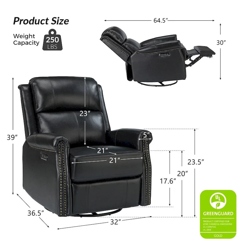 Traditional Genuine Leather Power Swivel Recliner with Nailhead Trim and USB, Set of 2, Multi-Color