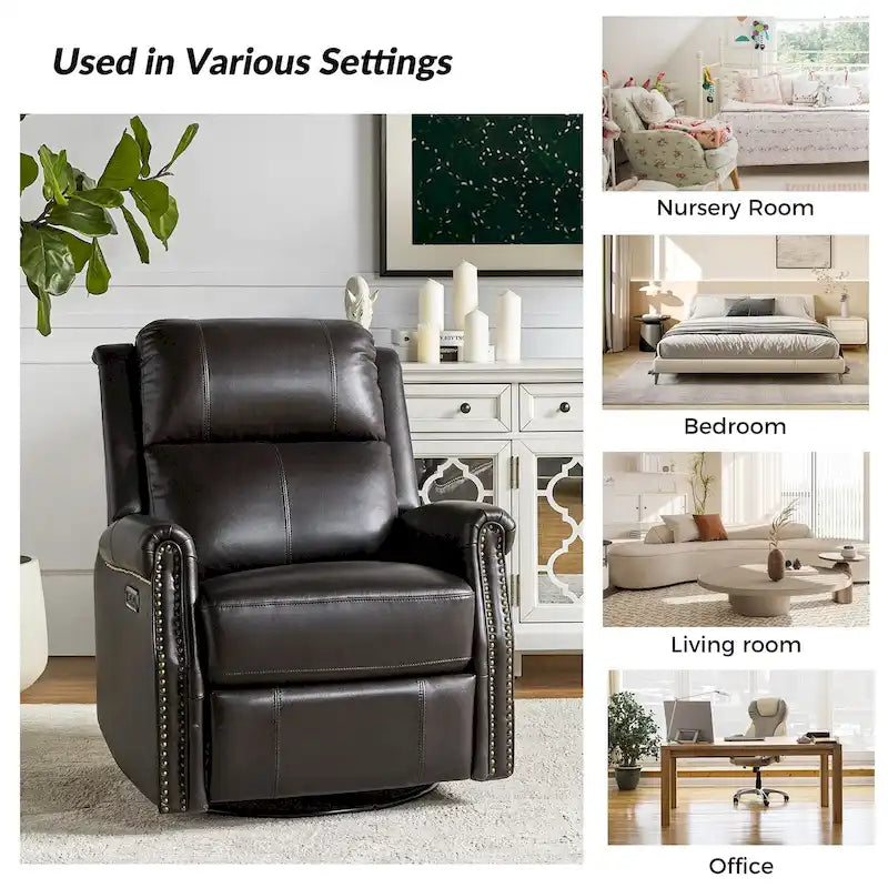 Traditional Genuine Leather Power Swivel Recliner with Nailhead Trim and USB, Set of 2, Multi-Color