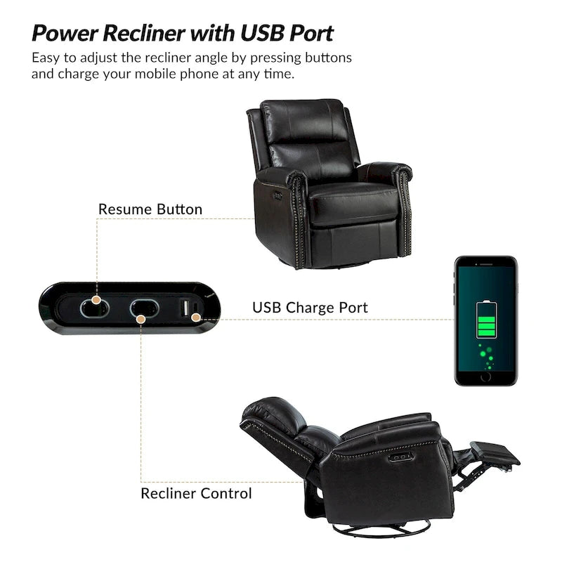 Traditional Genuine Leather Power Swivel Recliner with Nailhead Trim and USB, Set of 2, Multi-Color