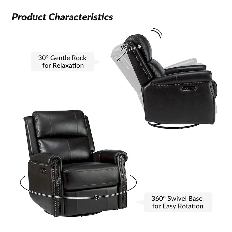 Traditional Genuine Leather Power Swivel Recliner with Nailhead Trim and USB, Set of 2, Multi-Color