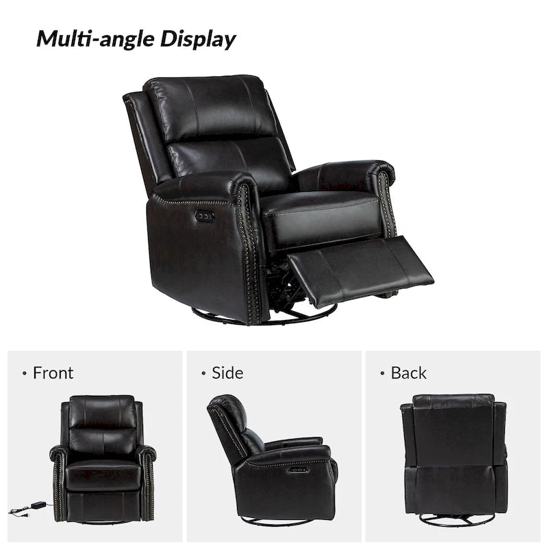 Traditional Genuine Leather Power Swivel Recliner with Nailhead Trim and USB, Set of 2, Multi-Color