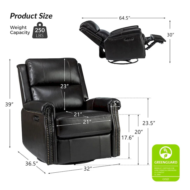 Traditional Genuine Leather Power Swivel Recliner with Nailhead Trim and USB, Set of 2, Multi-Color