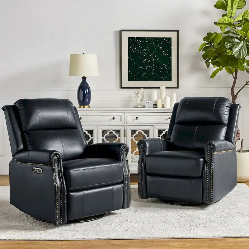 Traditional Genuine Leather Power Swivel Recliner with Nailhead Trim and USB, Set of 2, Multi-Color