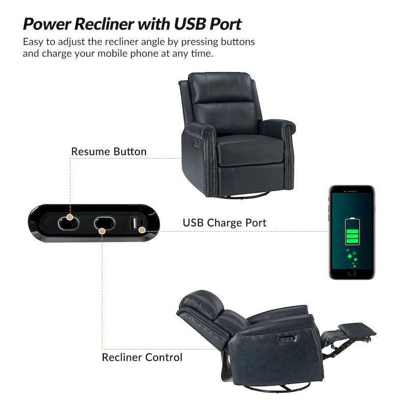 Traditional Genuine Leather Power Swivel Recliner with Nailhead Trim and USB, Set of 2, Multi-Color