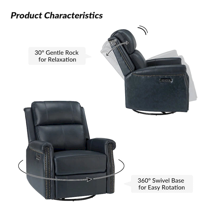 Traditional Genuine Leather Power Swivel Recliner with Nailhead Trim and USB, Set of 2, Multi-Color
