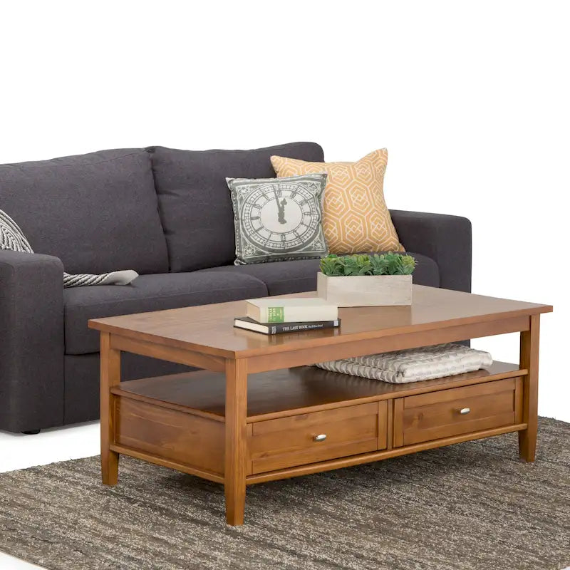 Transitional Solid Wood Coffee Table with 2 Drawers and Open Shelf, 48", Multi-Color