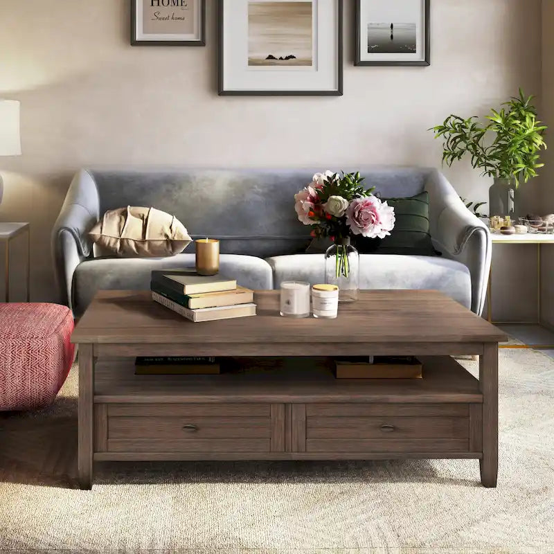 Transitional Solid Wood Coffee Table with 2 Drawers and Open Shelf, 48", Multi-Color