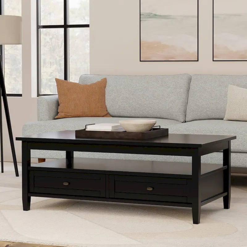 Transitional Solid Wood Coffee Table with 2 Drawers and Open Shelf, 48", Multi-Color