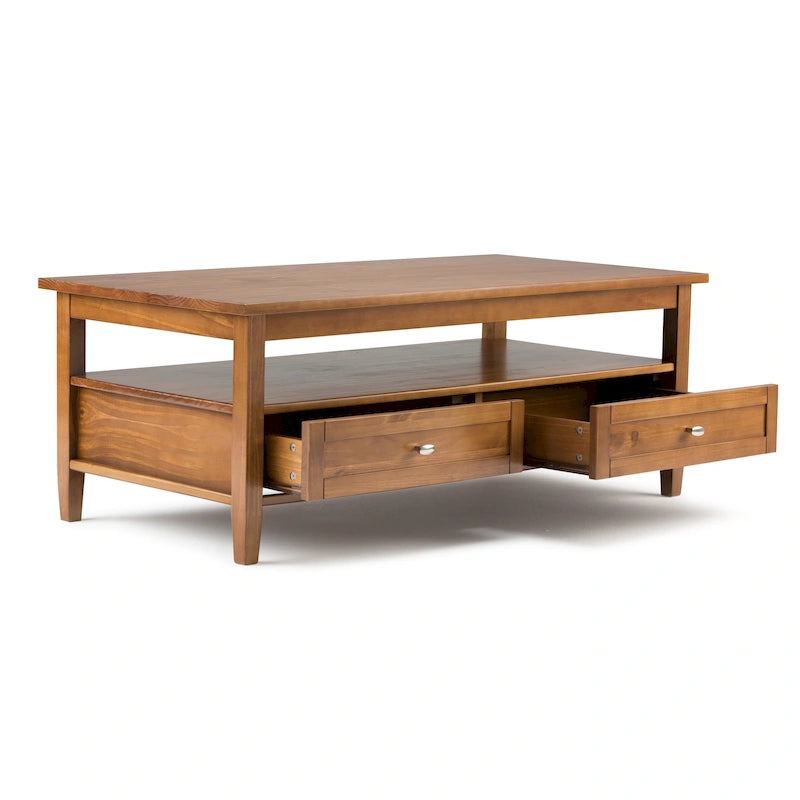 Transitional Solid Wood Coffee Table with 2 Drawers and Open Shelf, 48", Multi-Color