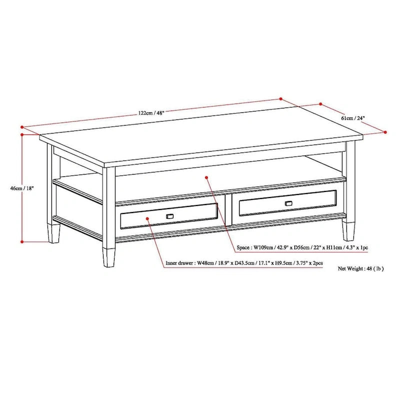 Transitional Solid Wood Coffee Table with 2 Drawers and Open Shelf, 48", Multi-Color