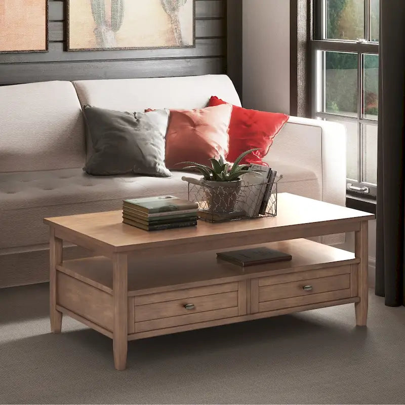 Transitional Solid Wood Coffee Table with 2 Drawers and Open Shelf, 48", Multi-Color