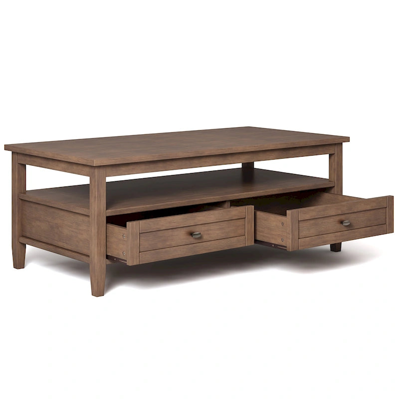 Transitional Solid Wood Coffee Table with 2 Drawers and Open Shelf, 48", Multi-Color