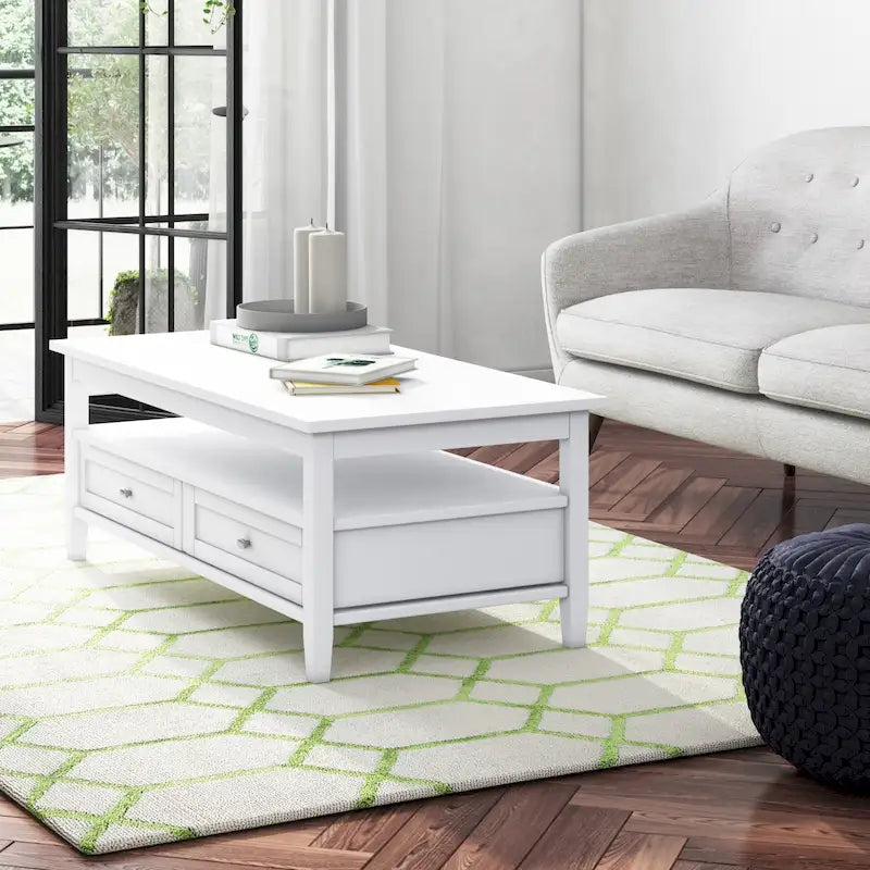 Transitional Solid Wood Coffee Table with 2 Drawers and Open Shelf, 48", Multi-Color