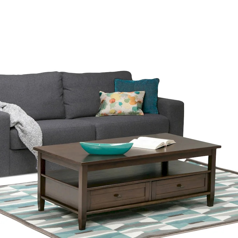 Transitional Solid Wood Coffee Table with 2 Drawers and Open Shelf, 48", Multi-Color