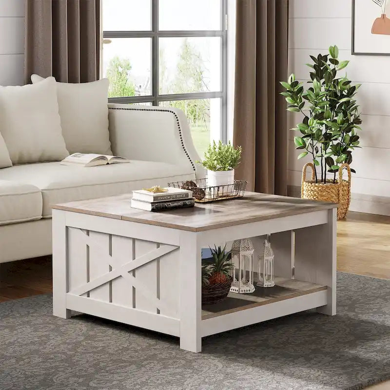 Modern Rustic Square Wood Coffee Table with Storage, Multi-Color