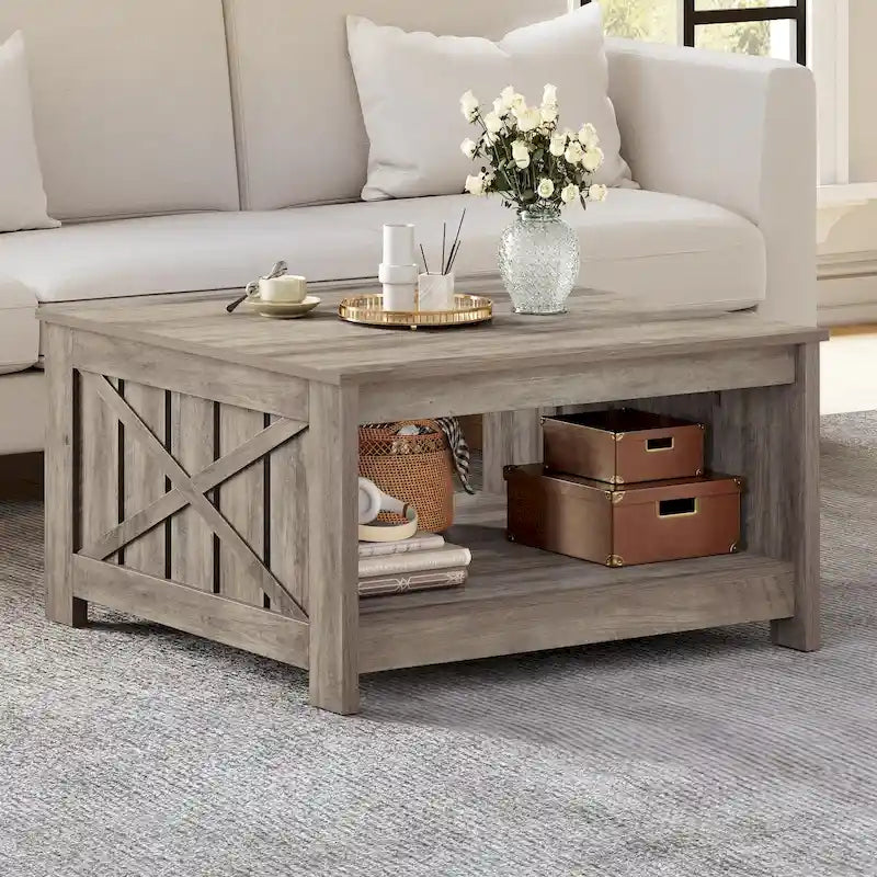 Modern Rustic Square Wood Coffee Table with Storage, Multi-Color
