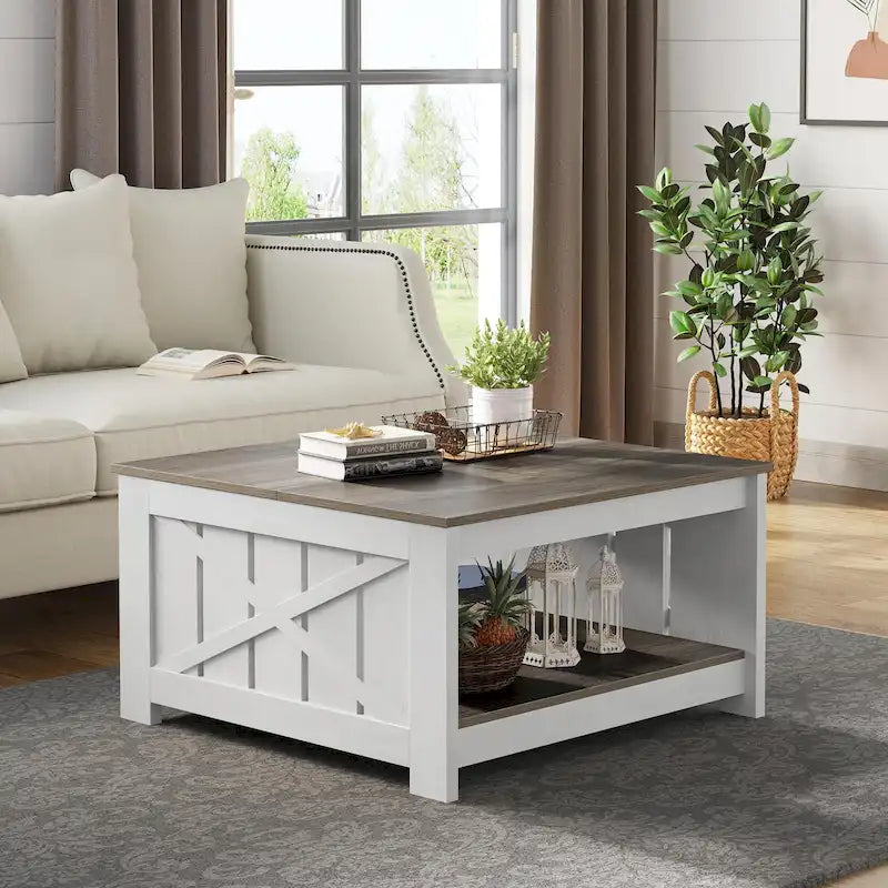 Modern Rustic Square Wood Coffee Table with Storage, Multi-Color