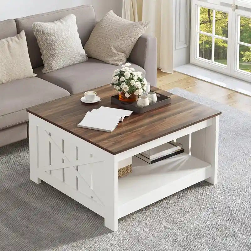 Modern Rustic Square Wood Coffee Table with Storage, Multi-Color