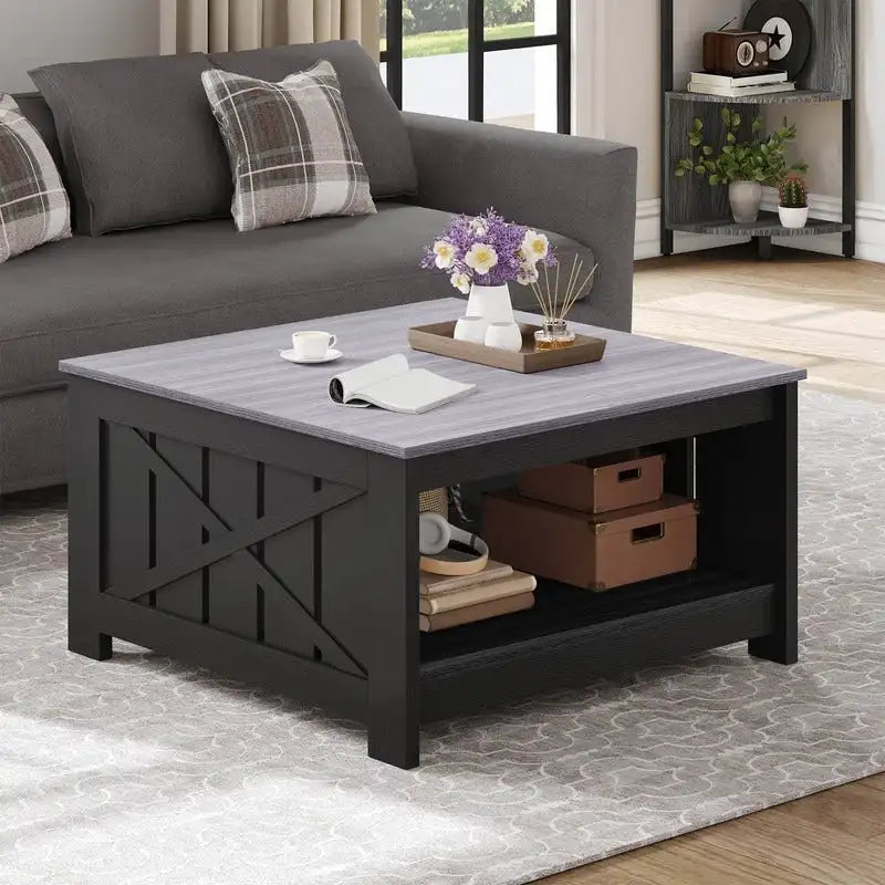 Modern Rustic Square Wood Coffee Table with Storage, Multi-Color