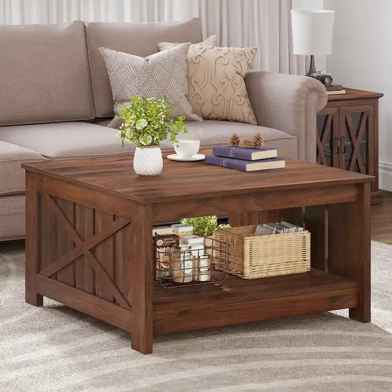 Modern Rustic Square Wood Coffee Table with Storage, Multi-Color