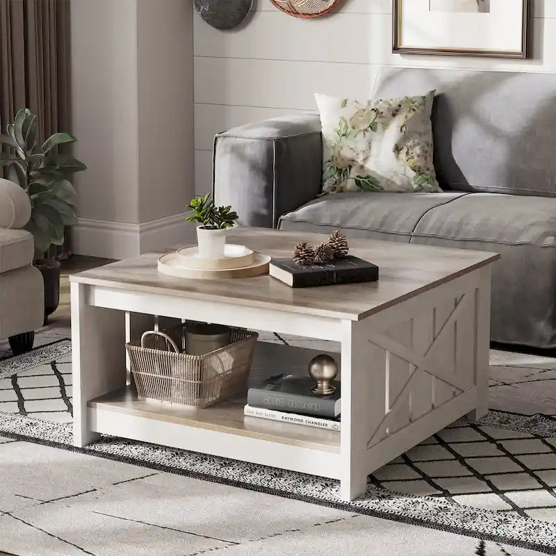 Modern Rustic Square Wood Coffee Table with Storage, Multi-Color