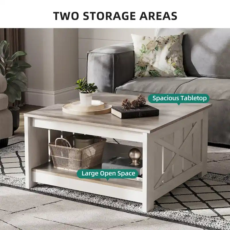 Modern Rustic Square Wood Coffee Table with Storage, Multi-Color