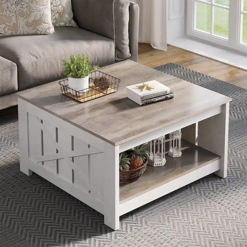 Modern Rustic Square Wood Coffee Table with Storage, Multi-Color