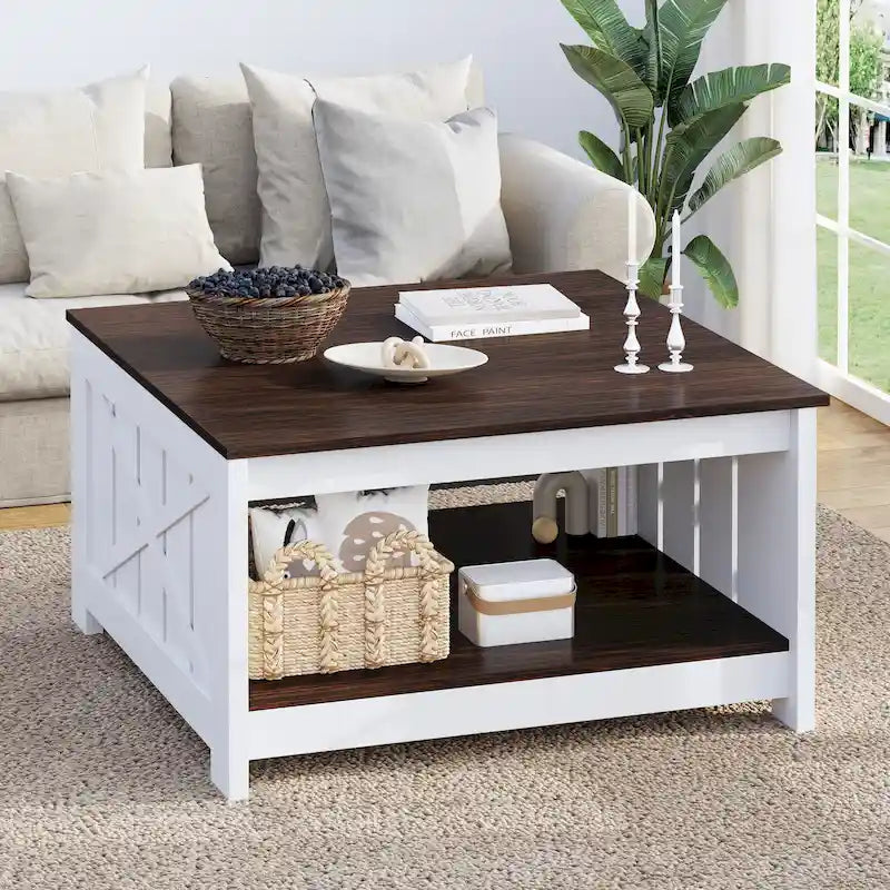 Modern Rustic Square Wood Coffee Table with Storage, Multi-Color