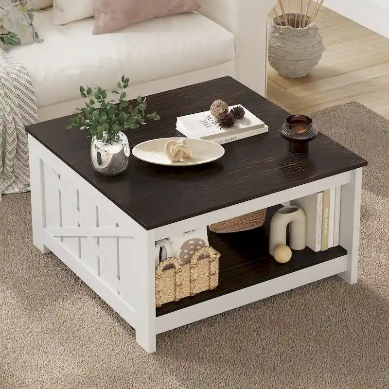 Modern Rustic Square Wood Coffee Table with Storage, Multi-Color